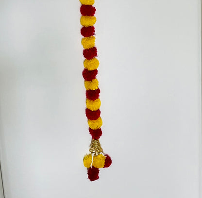 Yellow Red Marigold Mogra Plastic Flower Garland With Bell (130cm) (1pc)