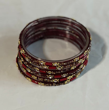 Brownish Red Maroon Golden White Stone Glass Bangles