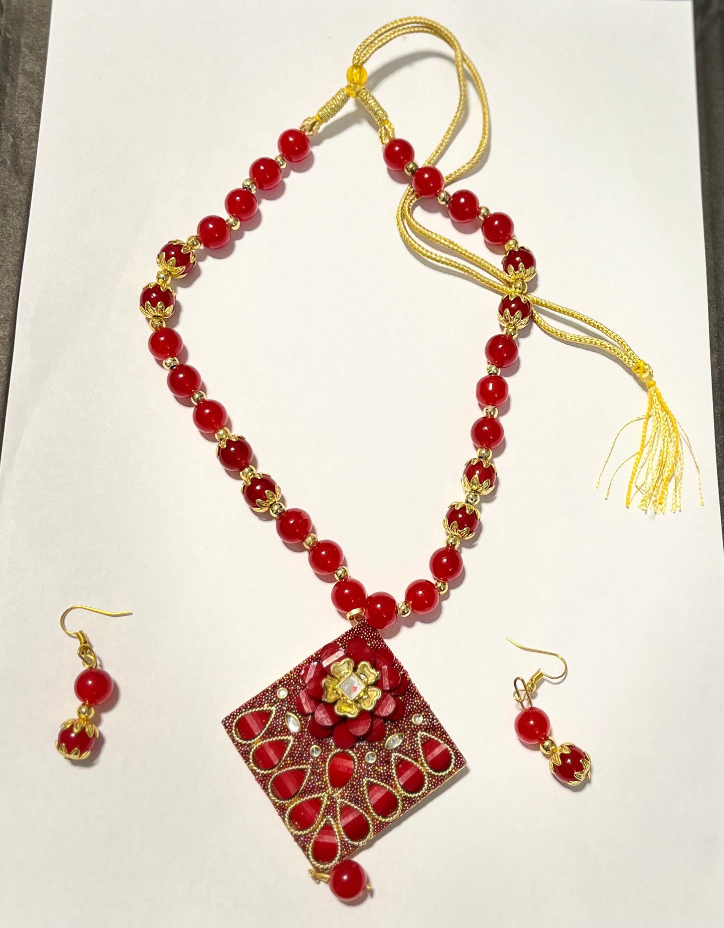 Big Red Beaded Pendant Necklace with Earrings