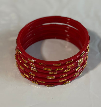 Red Golden Long Stone Glass Bangles