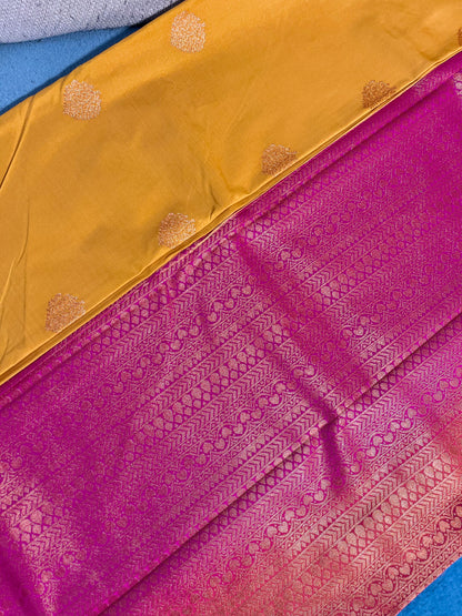 Soft Silk Saree Turmeric Yellow Dark Pink With Rose Gold Zari Buta Design