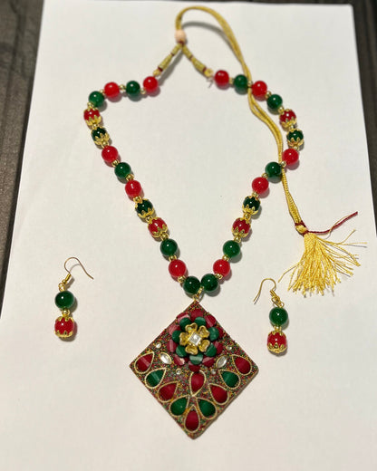 Big Red Green Beaded Pendant Necklace with Earrings