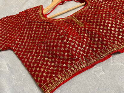 Women's Zari Sequin Heavy Design Red Golden Half Sleeves Blouse (Size 40) with Padded