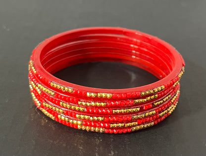 Red Golden Zari Stone Glass Bangles