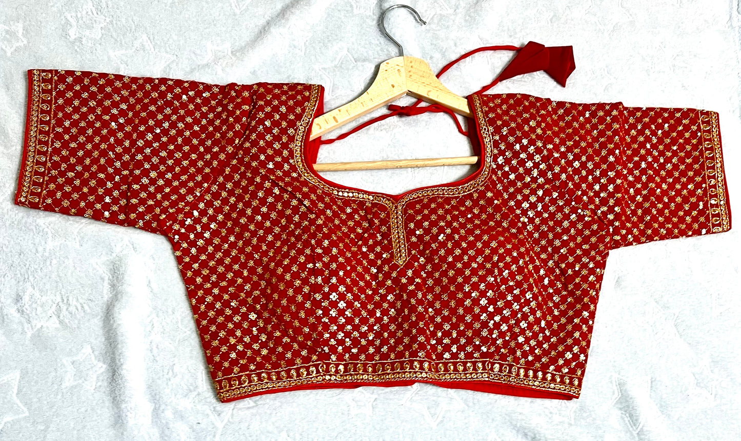 Women's Zari Sequin Heavy Design Red Golden Half Sleeves Blouse (Size 40) with Padded