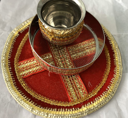 Red Golden Red Zari Patti Karwa Chauth Thali