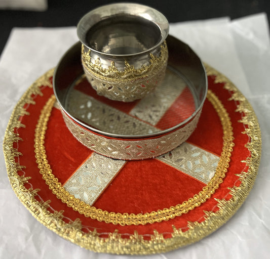 Red Golden Designer Golden Patti Karwa Chauth Thali