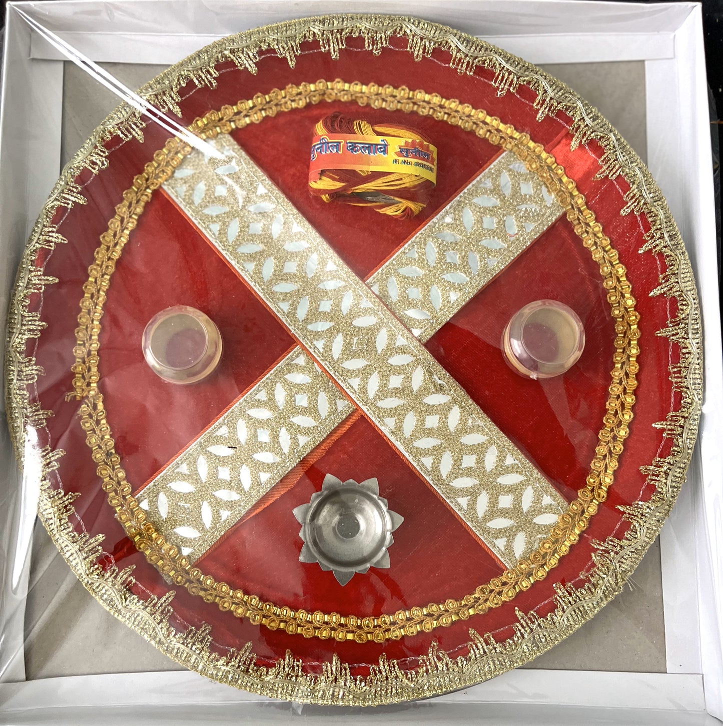 Red Velvet Golden Patti Puja Thali (30cm)