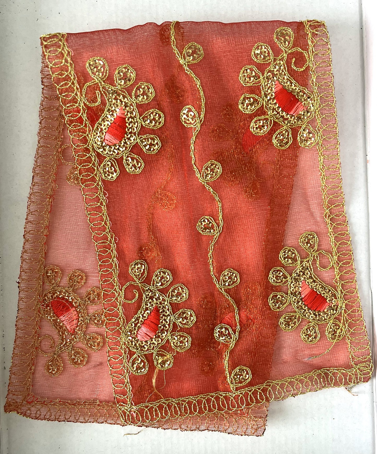 Red Golden Peacock Zari Net Chunri (45x15cm)