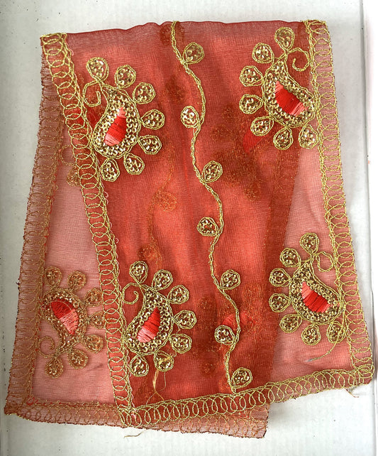 Red Golden Peacock Zari Net Chunri (45x15cm)