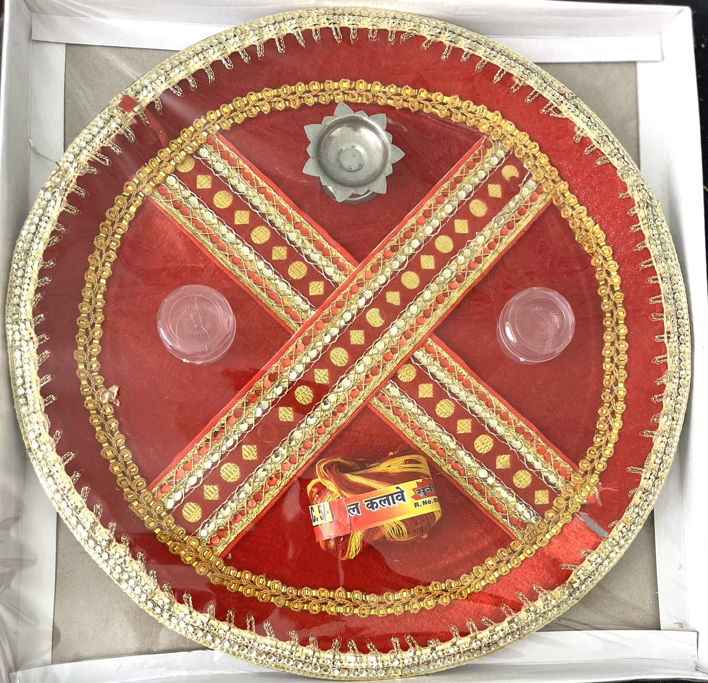 Red Velvet Golden Red Gota Patti Puja Thali (30cm)