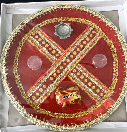 Red Velvet Golden Red Gota Patti Puja Thali (30cm)