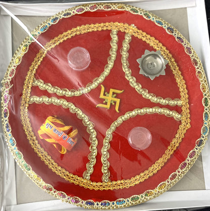 Red Velvet Golden Embroidery Swastik Puja Thali (30cm)