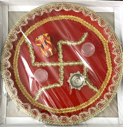 Red Golden Velvet Swastik Puja Thali (30cm)