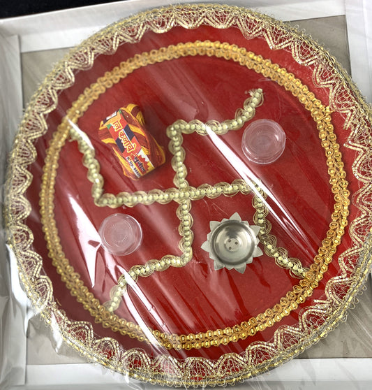 Red Golden Velvet Swastik Puja Thali (30cm)