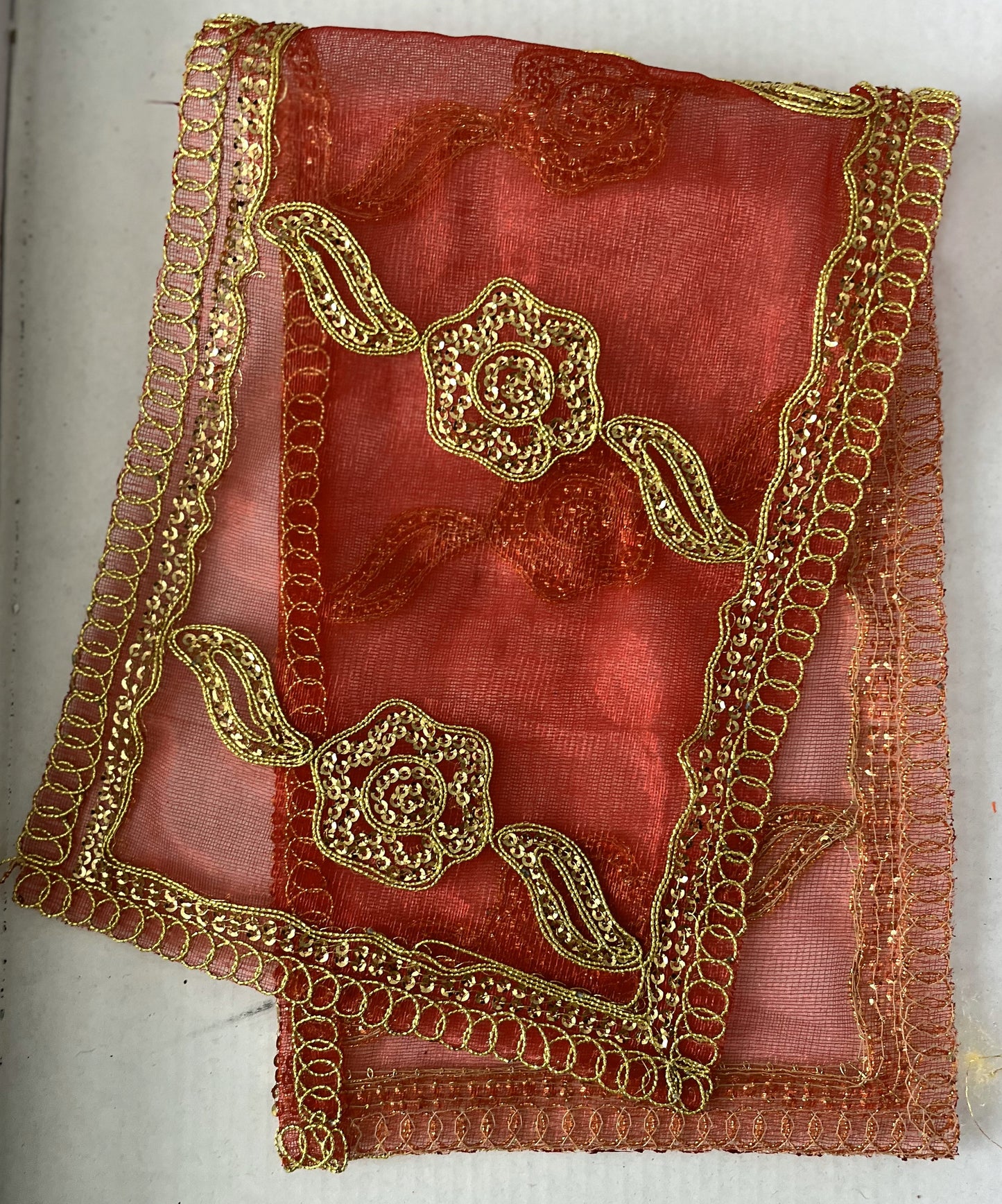 Red Golden Zari Flower Net Chunri (45x15cm)