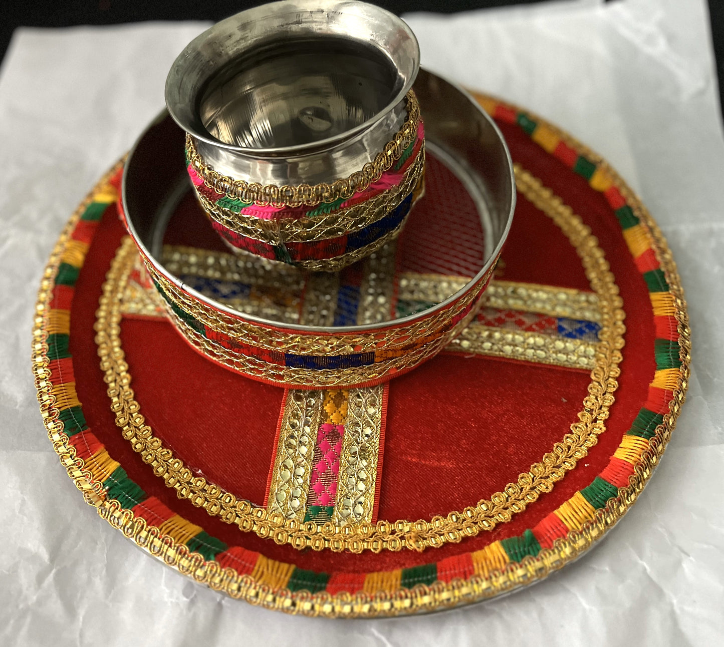 Red Velvet Golden Colored Zari Karwa Chauth Thali