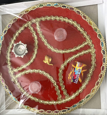 Red Golden Gotta Patti Ganesha Puja Thali (30cm)