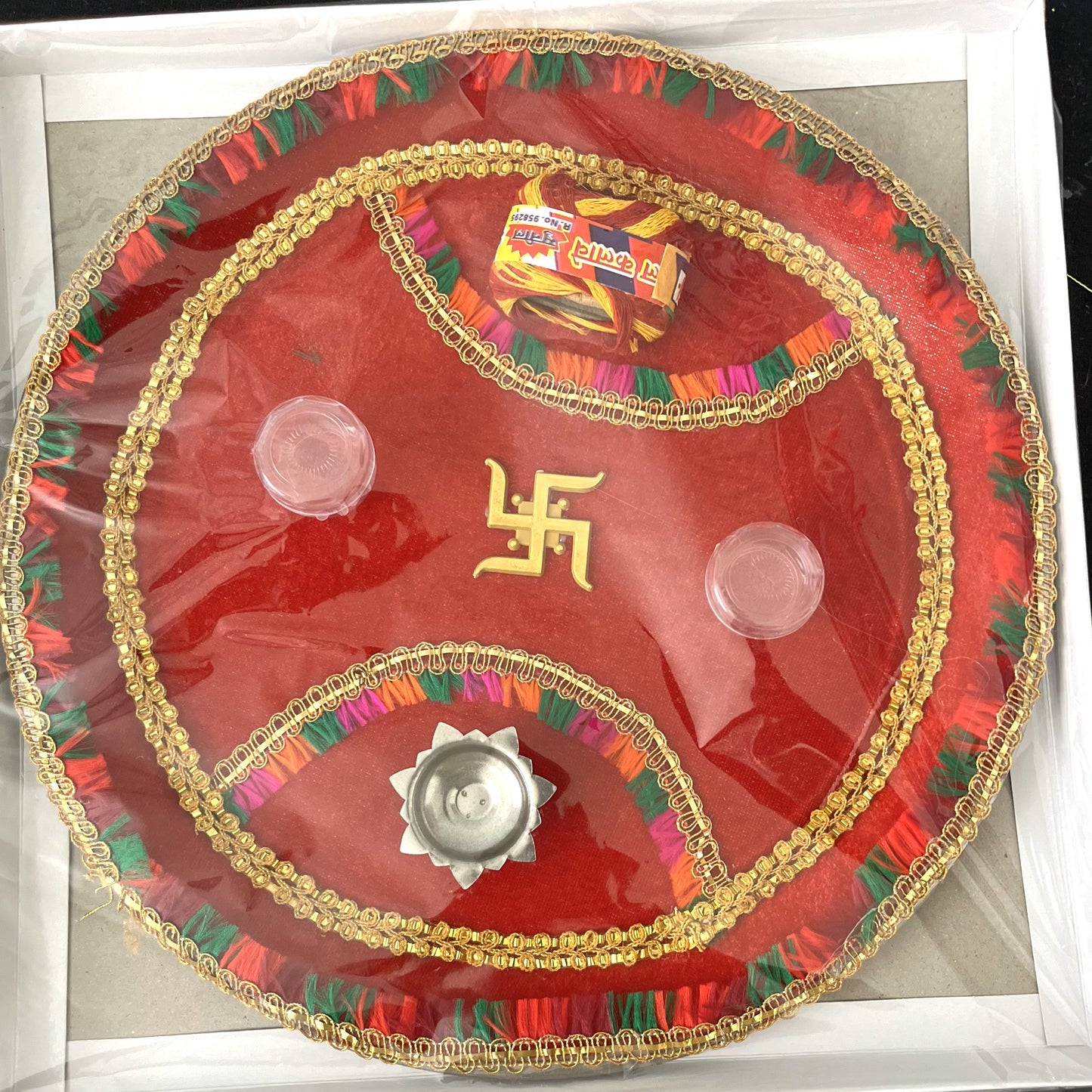 Red Golden Velvet Red Green Lace Puja Thali (30cm)