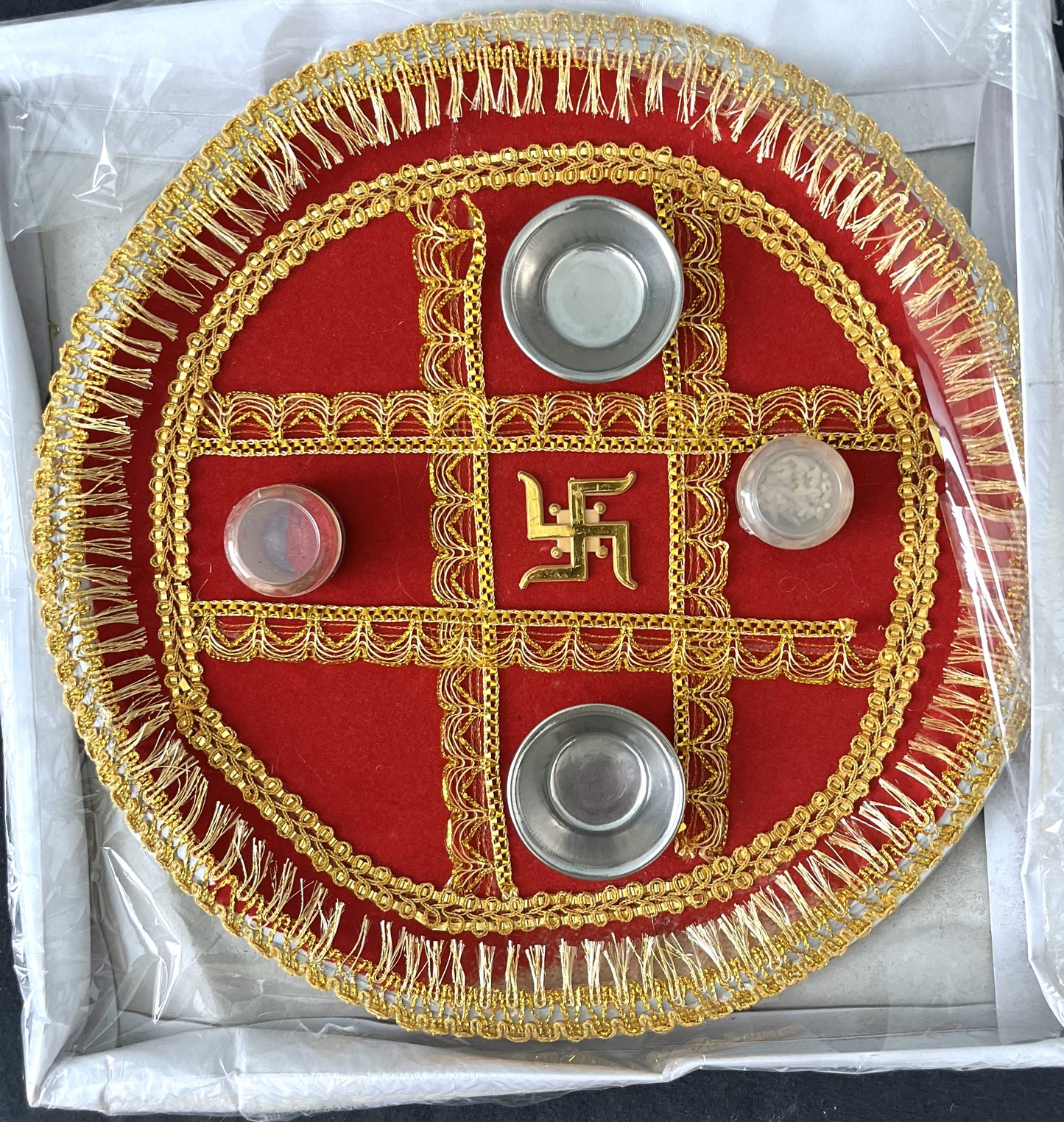 Red Velvet Zari Swastik Puja Thali (30cm)