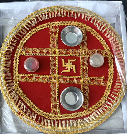 Red Velvet Zari Swastik Puja Thali (30cm)