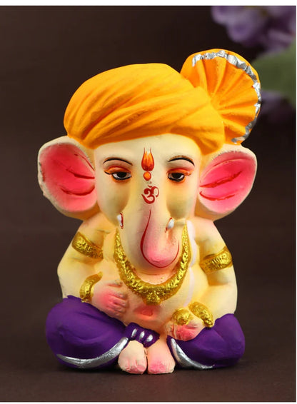 Cute Eco Friendly Colorful Bal Ganesha  With Orange Pagdi  (4.3 inch)