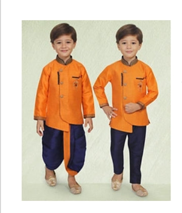 Boys Festive & Party Kurta, Dhoti and Pant Set (Orange Blue) (09-12 Months)