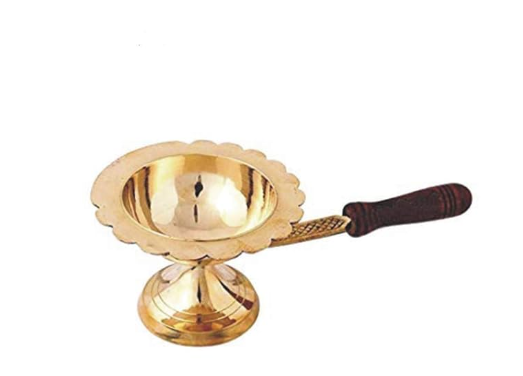 Pure Brass & Wooden Handle Pooja Dhoop Akhand Diya/ Brass Puja Diya