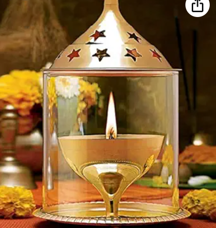 Akhand Diya (Brass) | Lantern Diya with Glass Cover (Height: 13cm)