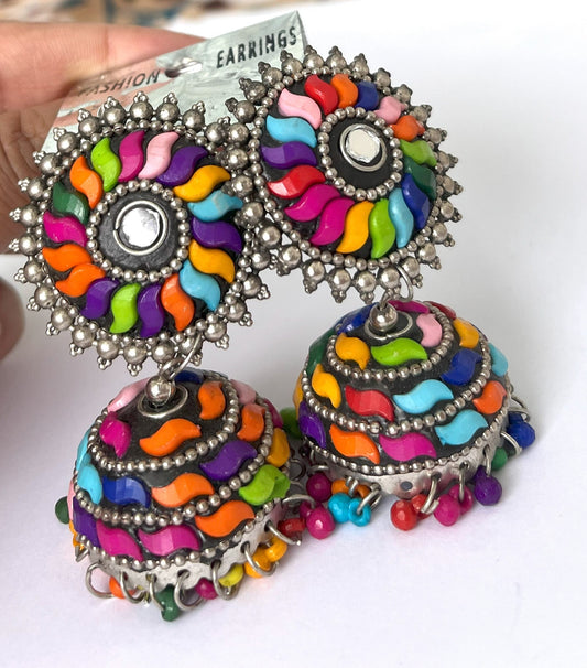Multicolor Silver Antique Jhumka (Big)